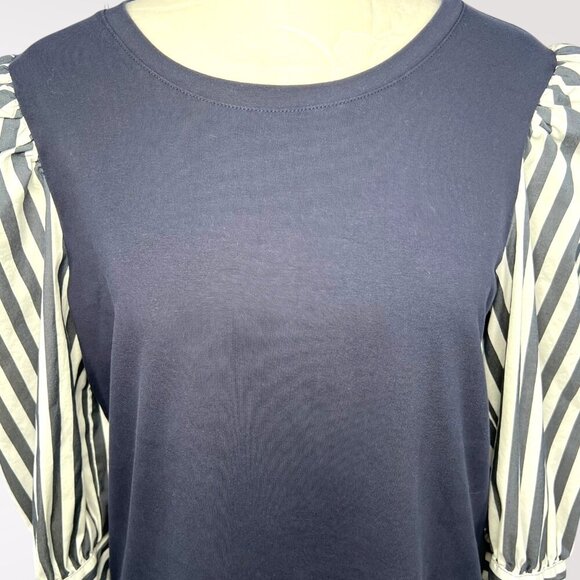 Chico’s Striped Puff Sleeve Tie Cuff Blouse Navy Top Size Medium - Picture 2 of 8